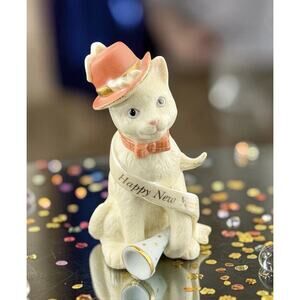 Lenox " Happy New Year" Kitty 2003 12 Months of Kitties Porcelain Top Hat-Jan